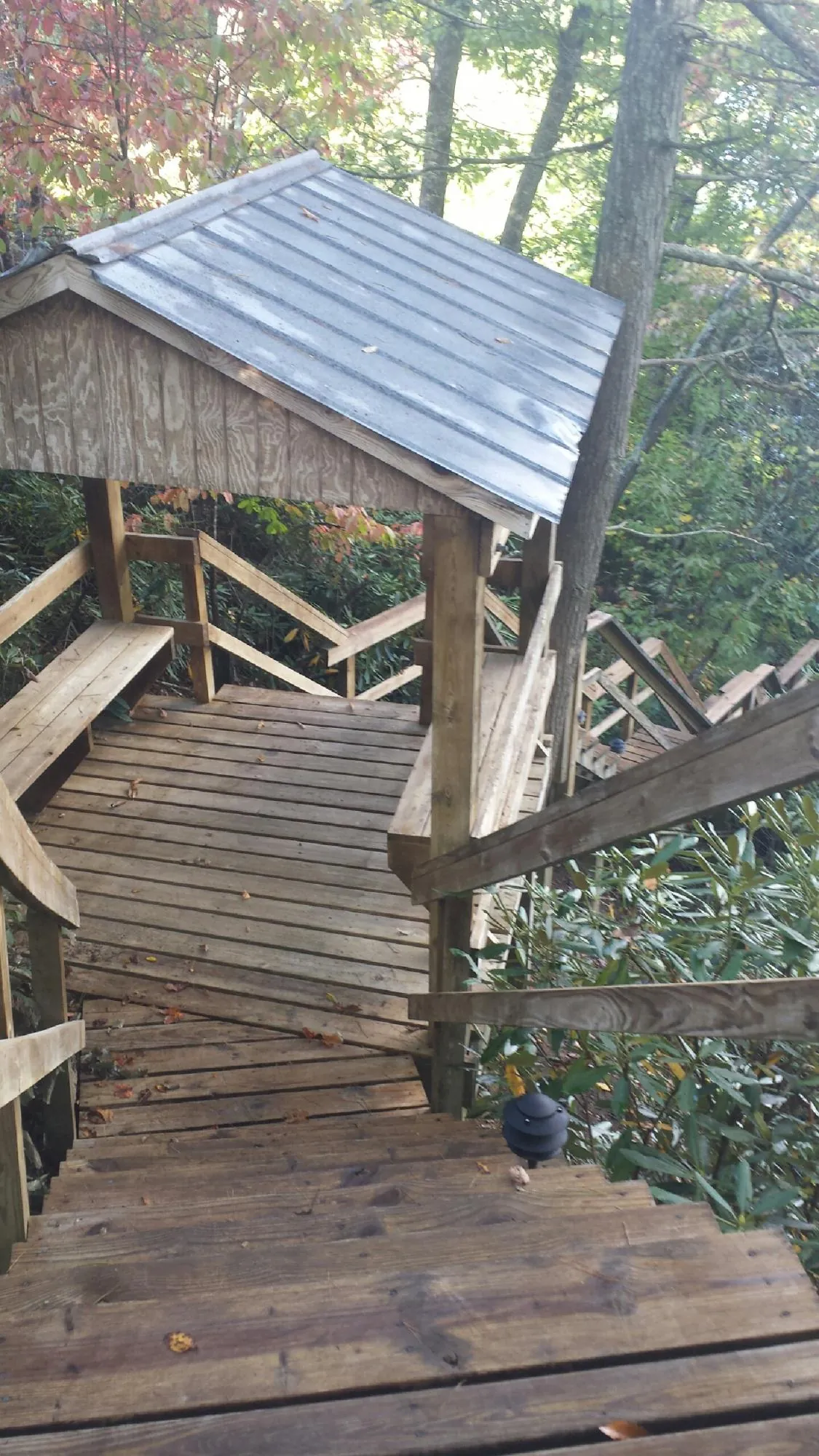 Metal roofed shelter over wooden steps on a wooded walkway — Skylight Repair & Installation work by our crew in Reedville